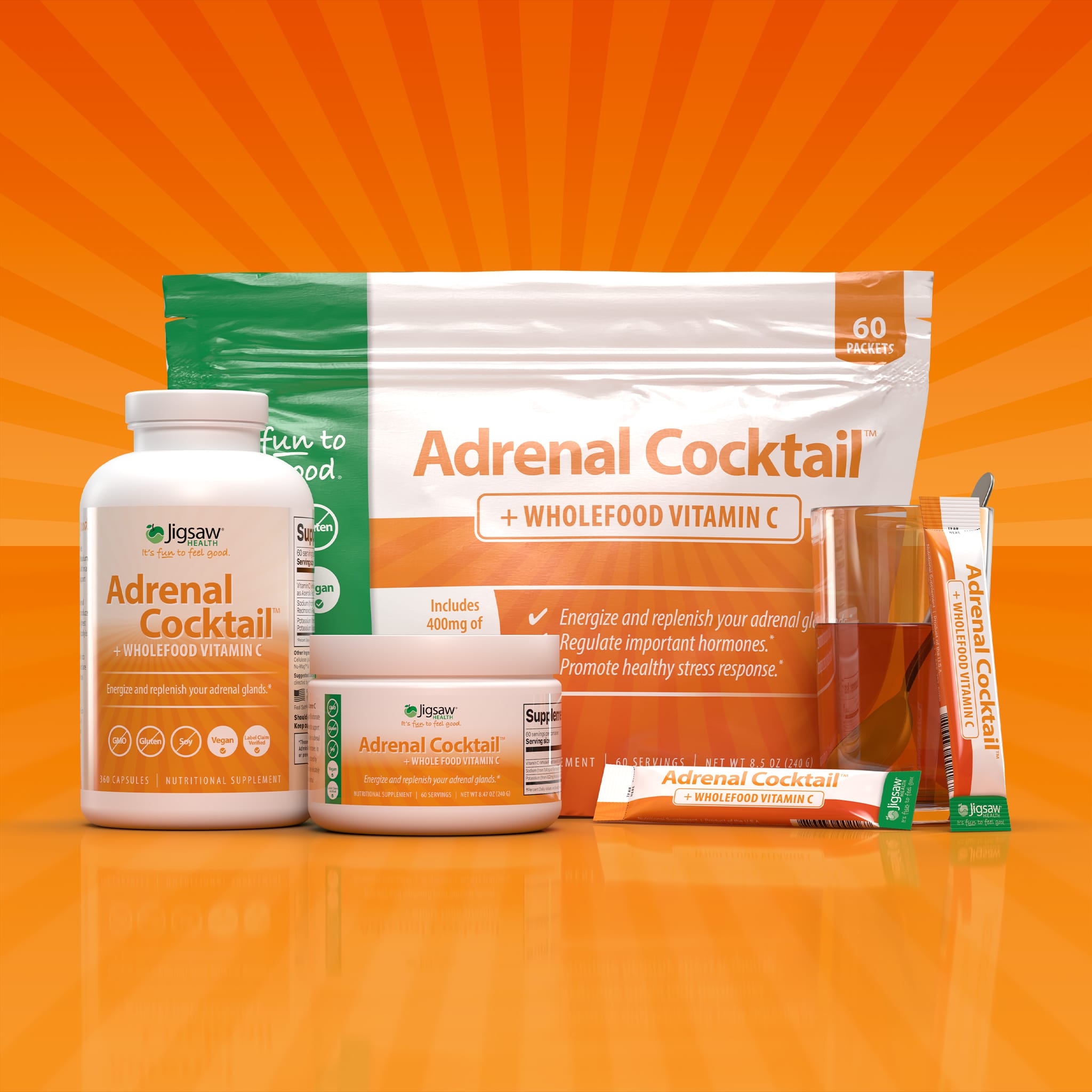 A product image featuring packages and bottles of Jigsaw Adrenal Cocktail™ + Wholefood Vitamin C supplements, set against an orange background with rays radiating from the product.