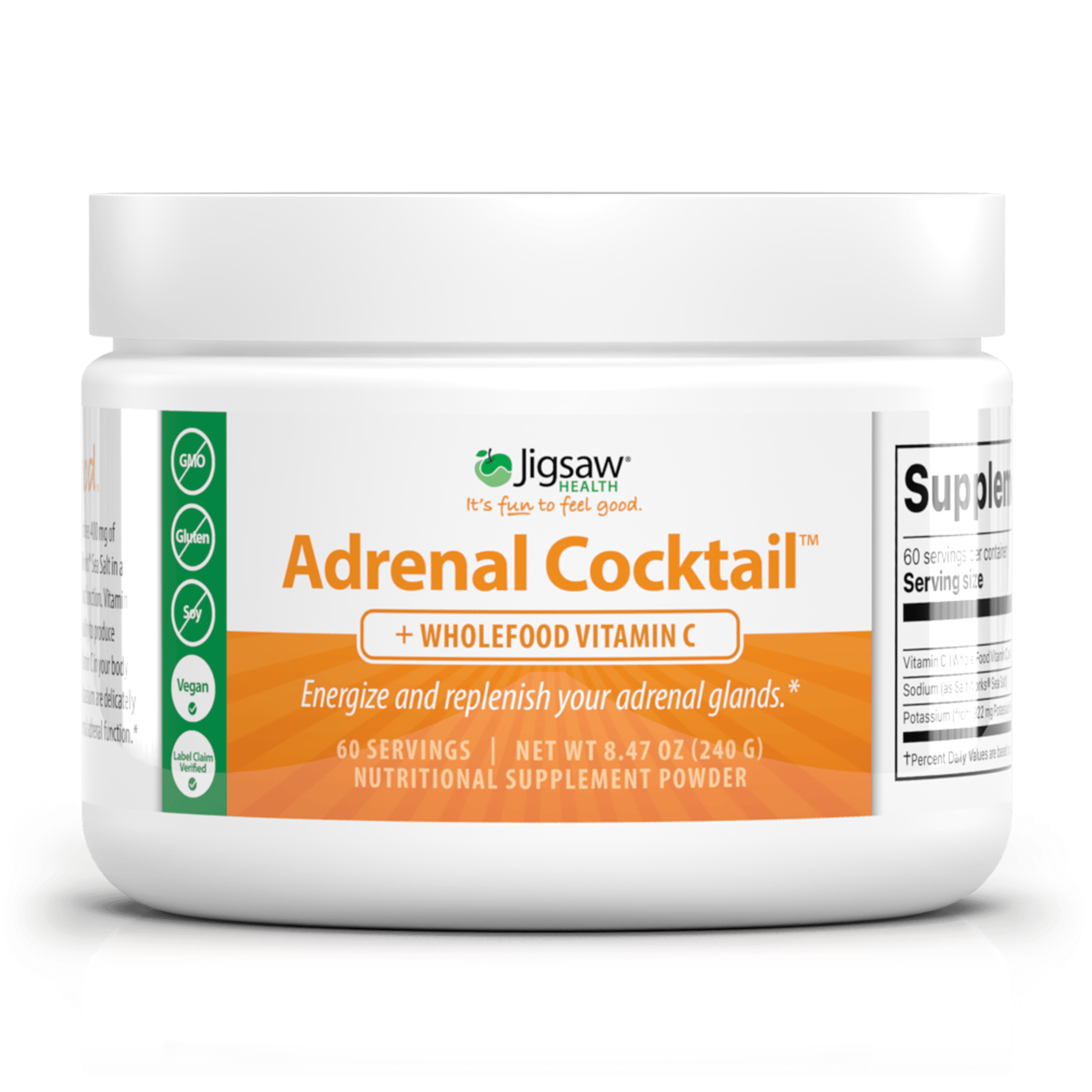 A product image featuring packages and bottles of Jigsaw Adrenal Cocktail™ + Wholefood Vitamin C supplements, set against an orange background with rays radiating from the product.