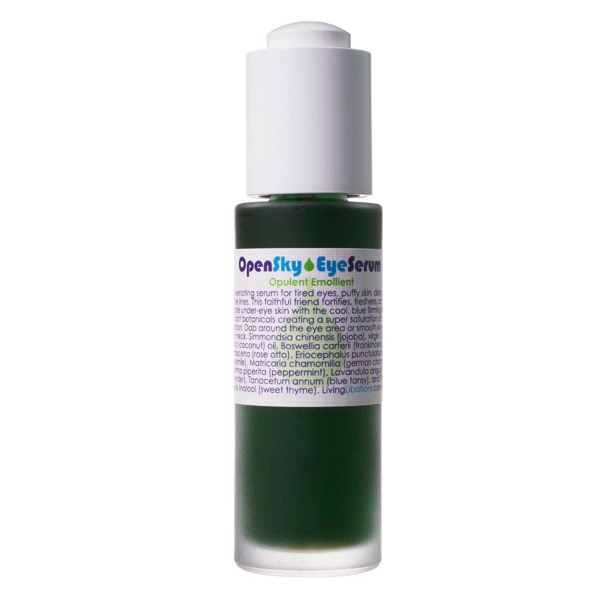 A bottle of Open Sky Eye Serum with a dropper applicator, labeled for eye area use.