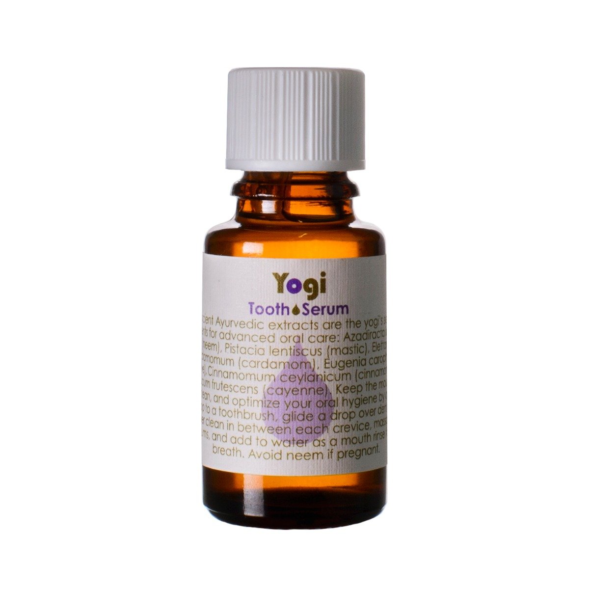 A bottle of Yogi Tooth Serum by Living Libations with a white cap and label that includes product information and the brand's logo.