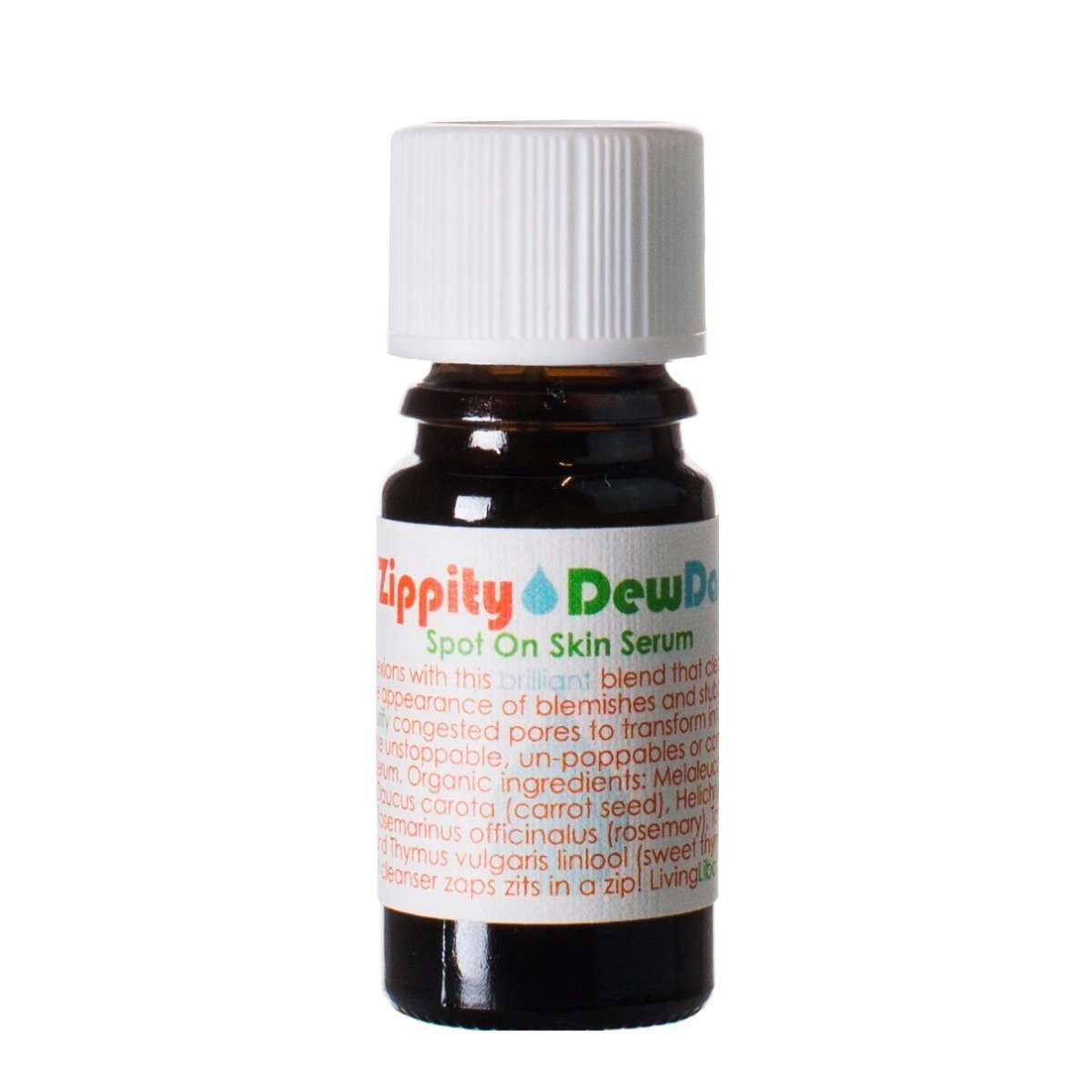 A bottle of Zippity DewDab skin serum with a white cap and label displaying the product name and description.